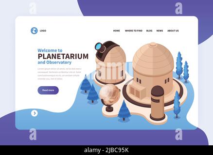 Bannière de concept de planétarium isométrique pour le site Web avec des liens cliquables boutons texte modifiable et bâtiments avec illustration de vecteur de télescope Illustration de Vecteur