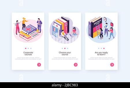 Cours de langue 3 bannières Web verticales publicitaires avec le niveau de programme de formation d'entreprise choix d'intensité illustration vectorielle Illustration de Vecteur