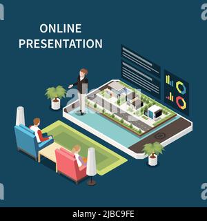 Présentation en ligne et concept de conférence avec illustration vectorielle isométrique des symboles travail à domicile Illustration de Vecteur
