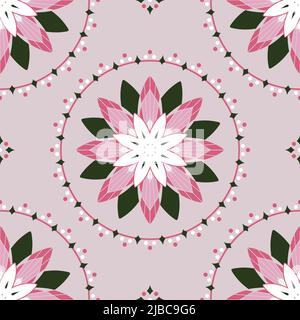 Motif vectoriel sans couture avec cercle de fleurs de lotus sur fond rose. Papier peint vintage simple à motif fleuri. Tissu décoratif façon nénuphar. Illustration de Vecteur