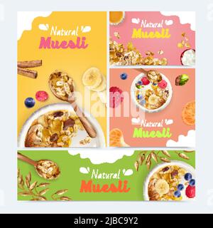 Jeu de muesli réaliste avec des bannières de taille et d'orientation différentes avec des images de nourriture et illustration vectorielle de texte ornée Illustration de Vecteur