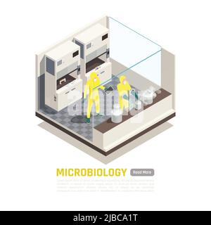 Composition en microbiologie isométrique avec des personnes en combinaisons de protection jaunes faisant des recherches en laboratoire 3D illustration vectorielle Illustration de Vecteur