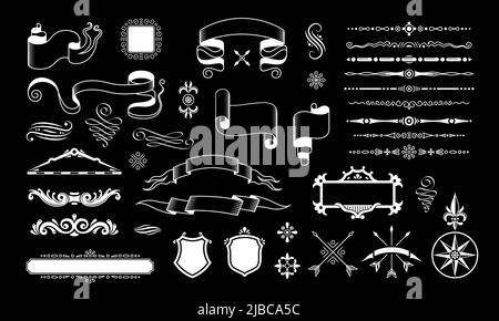 Rétro vintage design noir ensemble avec éléments de décoration isolés cordes décoratives rubans boucliers et flèches croisées illustration vectorielle Illustration de Vecteur