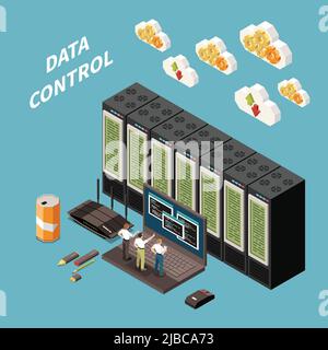 Concept de couleur isométrique de centre de données avec titre de contrôle des données et illustration abstraite du vecteur de salle de serveur Illustration de Vecteur
