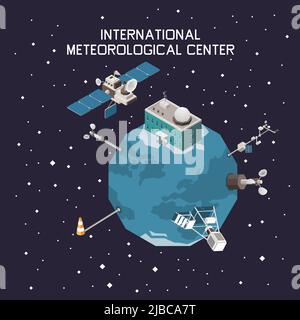 Prévision météorologique et météorologie concept isométrique avec illustration vectorielle des symboles de station internationale Illustration de Vecteur