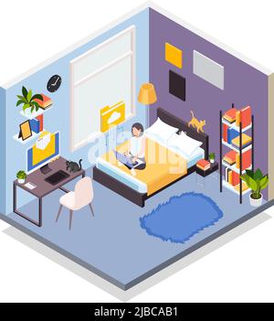 Travail à la maison composition isométrique avec jeune femme amoureux de chat avec ordinateur portable dans la chambre illustration vectorielle Illustration de Vecteur