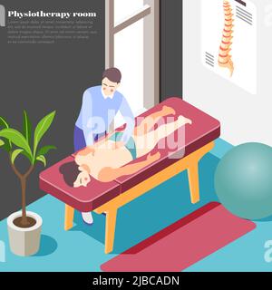 Arrière-plan de la clinique d'orthopédie avec symboles de massage et de physiothérapie illustration vectorielle isométrique Illustration de Vecteur