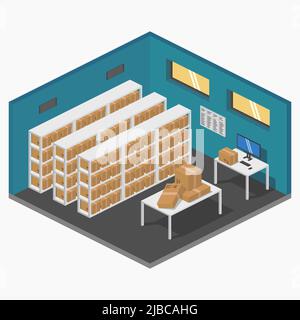 entrepôt de stockage isométrique avec colis et étagères illustration vectorielle plate Illustration de Vecteur