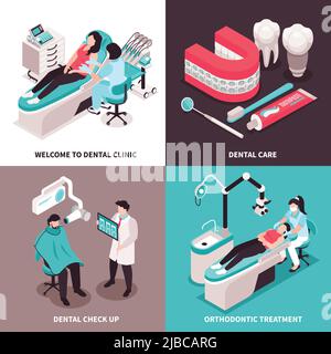 Concept de conception de dantist isométrique avec 2 x 2 jeux de compositions de clinique dentaire avec caractères de dentiste et illustration de vecteur d'équipement Illustration de Vecteur