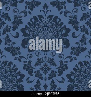 Motif vectoriel sans couture avec oiseau tropical sur fond bleu. Papier peint damassé vintage romantique avec paon. Textile de mode de style victorien. Illustration de Vecteur