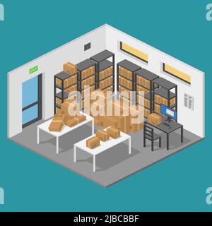 entrepôt de stockage isométrique avec colis et étagères illustration vectorielle plate Illustration de Vecteur