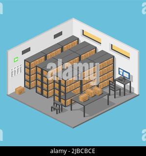 entrepôt de stockage isométrique avec colis et étagères illustration vectorielle plate Illustration de Vecteur