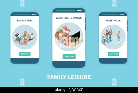 Famille loisirs jeu isométrique vertical personnes bannière ensemble avec jeux de société regarder des séries tv et de la rue descriptions illustration vectorielle Illustration de Vecteur