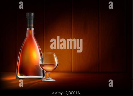 Bouteilles en verre de whisky cognac au brandy composition réaliste avec murs en bois et bouteille lumineuse élégante avec illustration vectorielle en verre Illustration de Vecteur