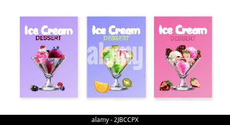 Délicieux fruits frais boules de glace dessert 3 affiches réalistes de fond avec illustration de vecteur de bleuet orange fraise Illustration de Vecteur