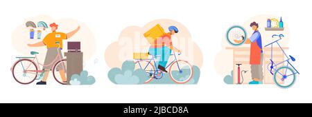 Bicycle 3 compositions plates avec pièces de rechange accessoires magasin vendeur réparateur service de coursier de vélo illustration vectorielle de livraison Illustration de Vecteur