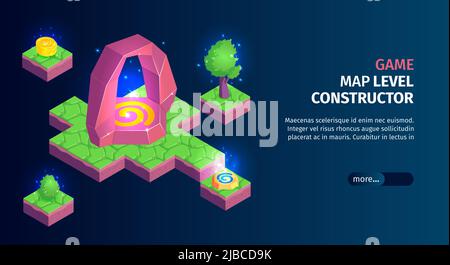 Bannière horizontale de paysage de jeu isométrique avec texte modifiable plus de boutons et de plates-formes avec illustration vectorielle de constructeur de carte de jeu Illustration de Vecteur