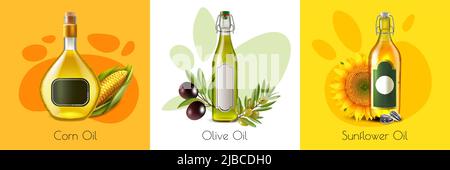 Concept de conception de produits à base d'huile réaliste isolée avec illustration vectorielle de maquette d'huile de maïs et d'huile de tournesol Illustration de Vecteur
