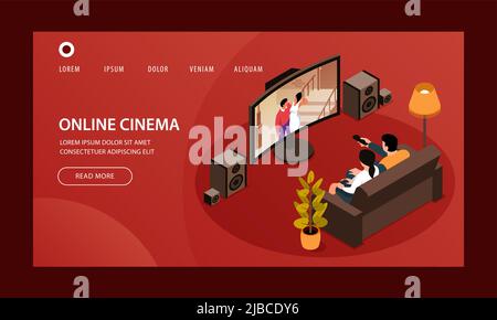 Page d'accueil de modèle de site web de cinéma en ligne isométrique avec liens cliquables et illustration vectorielle d'images de téléviseur Illustration de Vecteur