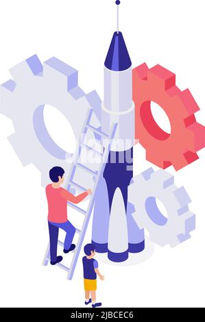 Concept d'éducation isométrique avec des personnages humains roquette et roues dentées 3D illustration vectorielle Illustration de Vecteur