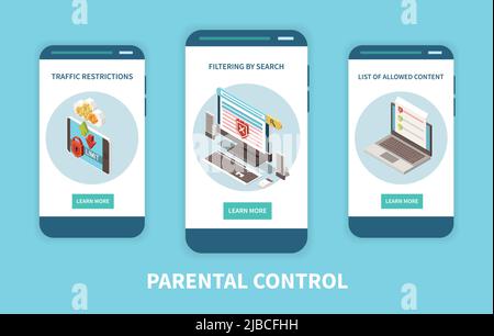 Application d'avis de contrôle parental numérique 3 écrans verticaux de smartphone mobile avec filtrage de contenu, illustration du vecteur de restrictions de trafic Illustration de Vecteur