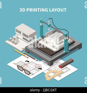 Composition isométrique d'architecte avec texte et images de la mise en page d'impression 3D avec documents de projet et illustration vectorielle de bâtiment Illustration de Vecteur