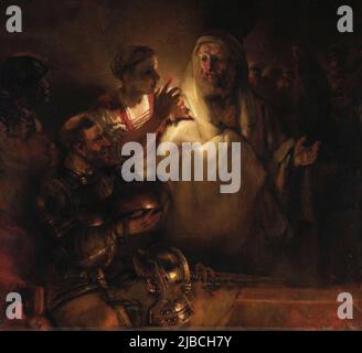 Le déni de Saint Pierre, par Rembrandt (1606-1669) . Dans cette représentation, Pierre nie Jésus connu, tandis que Jésus lui-même, en haut à droite avec les mains liées, se tourne pour regarder Banque D'Images