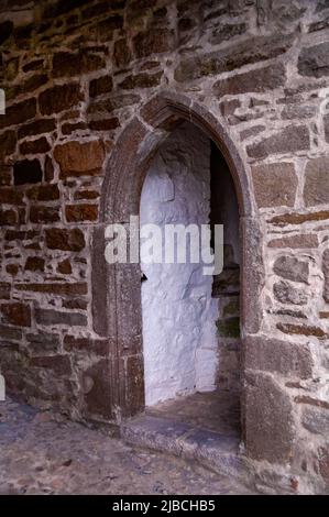 Entrée en arc pointu gothique et cage d'escalier à l'abbaye de Boyle, Boyle, Irlande. Banque D'Images