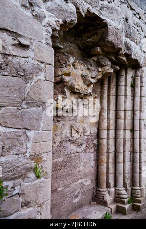 Colonnes sculptées dans les ruines de l'abbaye de Boyle à Boyle, Irlande. Banque D'Images