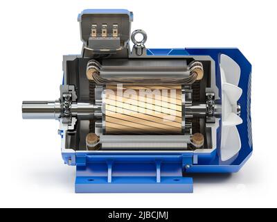 Coupe transversale du moteur électrique industriel. Pièces et structure de moteur électrique isolées sur fond blanc. 3d illustration Banque D'Images