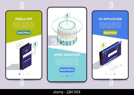 Assistant vocal Smart home 3 tablettes isométriques pour smartphone écrans bannières avec application mobile pour pc illustration vectorielle Illustration de Vecteur