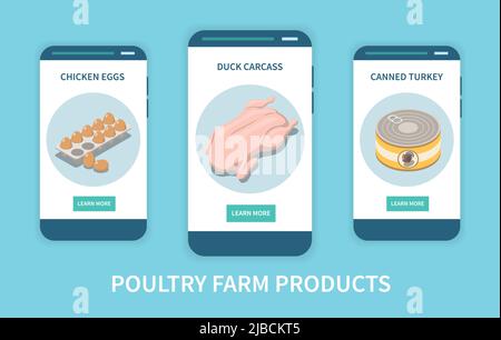 Concept d'application mobile de produits de ferme avicole avec carcasses de canard d'oeufs de poulet et publicité de dinde en conserve sur les écrans de smartphone illustrat de vecteur isométrique Illustration de Vecteur