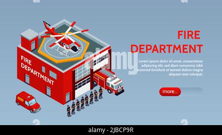 Bannière horizontale du service des incendies avec camions d'incendie dans un garage sur le toit du bâtiment et illustration vectorielle isométrique de la brigade des pompiers Illustration de Vecteur