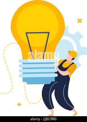 Composition d'icônes plates d'électricité et d'éclairage avec caractère d'électricien tenant une grande ampoule d'illustration vectorielle Illustration de Vecteur