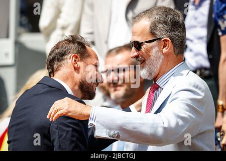 Paris, France, France. 5th juin 2022. Prince héritier de Norvège Haakon avec le roi Felipe VI d'Espagne pendant le jour quinze de Roland-Garros 2022, Open de France 2022, Grand Chelem tournoi de tennis au stade Roland-Garros de 05 juin 2022 à Paris, France. (Image de crédit : © Matthieu Mirville/ZUMA Press Wire) Banque D'Images