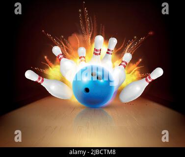 Bowling composition réaliste du feu avec vue de la voie avec balle et épingles en grève avec illustration du vecteur de flamme Illustration de Vecteur