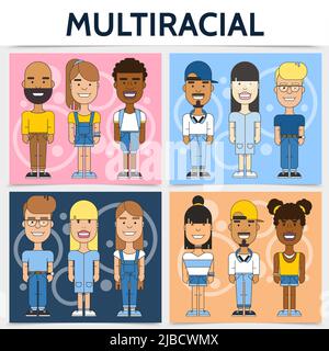 Flat multiracial familles Square concept avec des personnes multiethniques et multiculturelles sur fond coloré illustration vectorielle Illustration de Vecteur