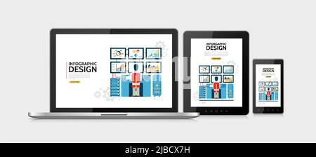 Conception graphique plate avec homme travaillant sur un ordinateur avec six moniteurs montrant des diagrammes adaptable pour tablette PC portable écrans mobiles isola Illustration de Vecteur