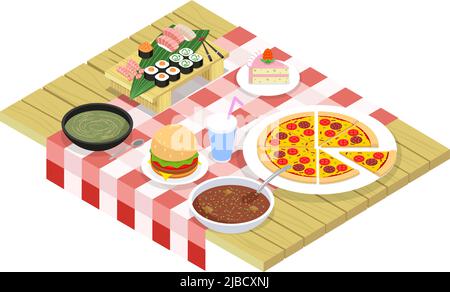 Icônes isométriques des aliments sur la table. Dessert sucré, boisson et en-cas, hamburger et petit déjeuner, illustration vectorielle Illustration de Vecteur