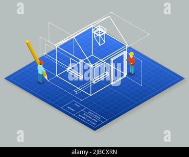 Schéma de conception architecturale 3D illustration isométrique. Projet construction maison, plan de vecteur maison Illustration de Vecteur