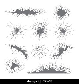 Fissures dans le mur, les panneaux de verre et la rupture de la terre. Fissures vectorielles. Illustration de la fente de masse, fissure de surface Illustration de Vecteur