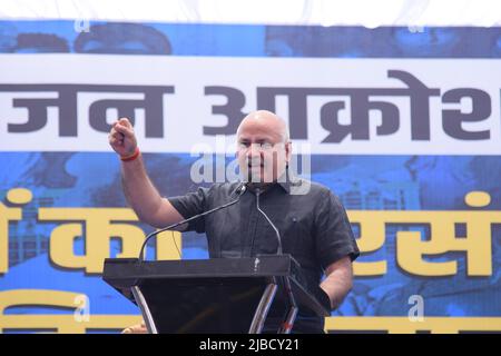 Delhi, Inde. 05th juin 2022. Manish Sisodia, ministre en chef adjoint de Delhi, lors de son discours lors d'une manifestation organisée par le Parti AAM Aadmi contre les récents meurtres d'Hindous du Cachemire. (Photo de Kabir Jhangiani/Pacific Press) crédit: Pacific Press Media production Corp./Alay Live News Banque D'Images