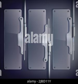 Bannières verticales industrielles en toile de verre avec support métallique sur fond sombre illustration vectorielle isolée Illustration de Vecteur
