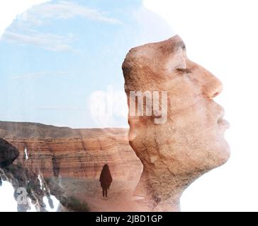 Portrait en double exposition d'un homme combiné à un paysage rocheux Banque D'Images