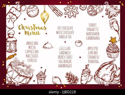 Arrière-plan du menu du restaurant de Noël avec cadre rectangulaire, croquis de produits alimentaires de fête et illustration vectorielle de texte modifiable Illustration de Vecteur