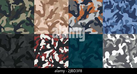 Ensemble de textures sans couture Vector Camo. Collection militaire de camouflage. Répète sans couture Army, vert chasse, marron, bleu, noir, Motif blanc Illustration de Vecteur