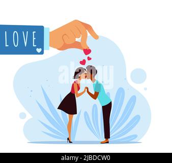 Cliquez sur amour. Une explosion romantique de sentiments, un baiser d'homme et de femme, une première date, des coeurs rouges au-dessus, un couple adulte ensemble, des relations heureuses, magique Illustration de Vecteur