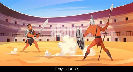 Combat Gladiator. Dessins animés des combattants romains à l'arène du colisée, les guerriers attaquent, diverses armes et armures, spectacle de bataille ancien, personnages traditionnels Illustration de Vecteur