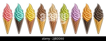 Vector Ice Cream Set, lot collection de 9 découper différentes illustrations de glaces rafraîchissantes réalistes, bannière horizontale avec ci de tourbillon coloré Illustration de Vecteur