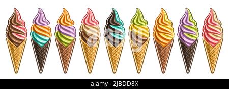 Ensemble de crème glacée Vector, lot collection de 9 découper différentes illustrations de glaces rafraîchissantes réalistes, bannière horizontale avec lait fouetté icec Illustration de Vecteur